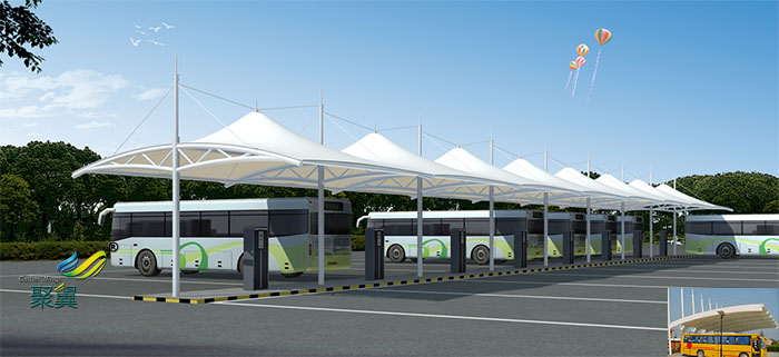 浙江義烏膜結構大巴車遮陽停車棚基礎設計效果圖